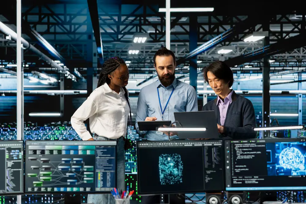 Team discussing data on a laptop surrounded by AI visualisation screens, reflecting the process behind an AI readiness assessment.